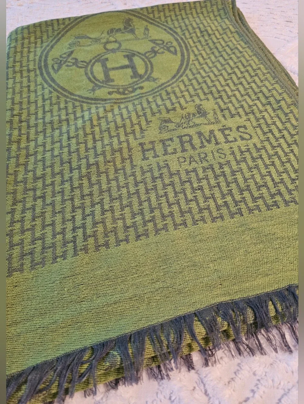 Olive Green Hermès Libris Cashmere & Silk Jacquard Scarf/Stole